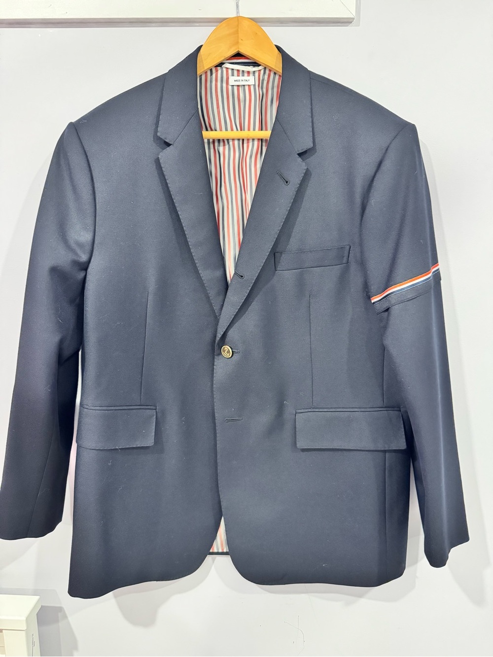 Thom Browne Navy Blazer with Signature Stripe Trim